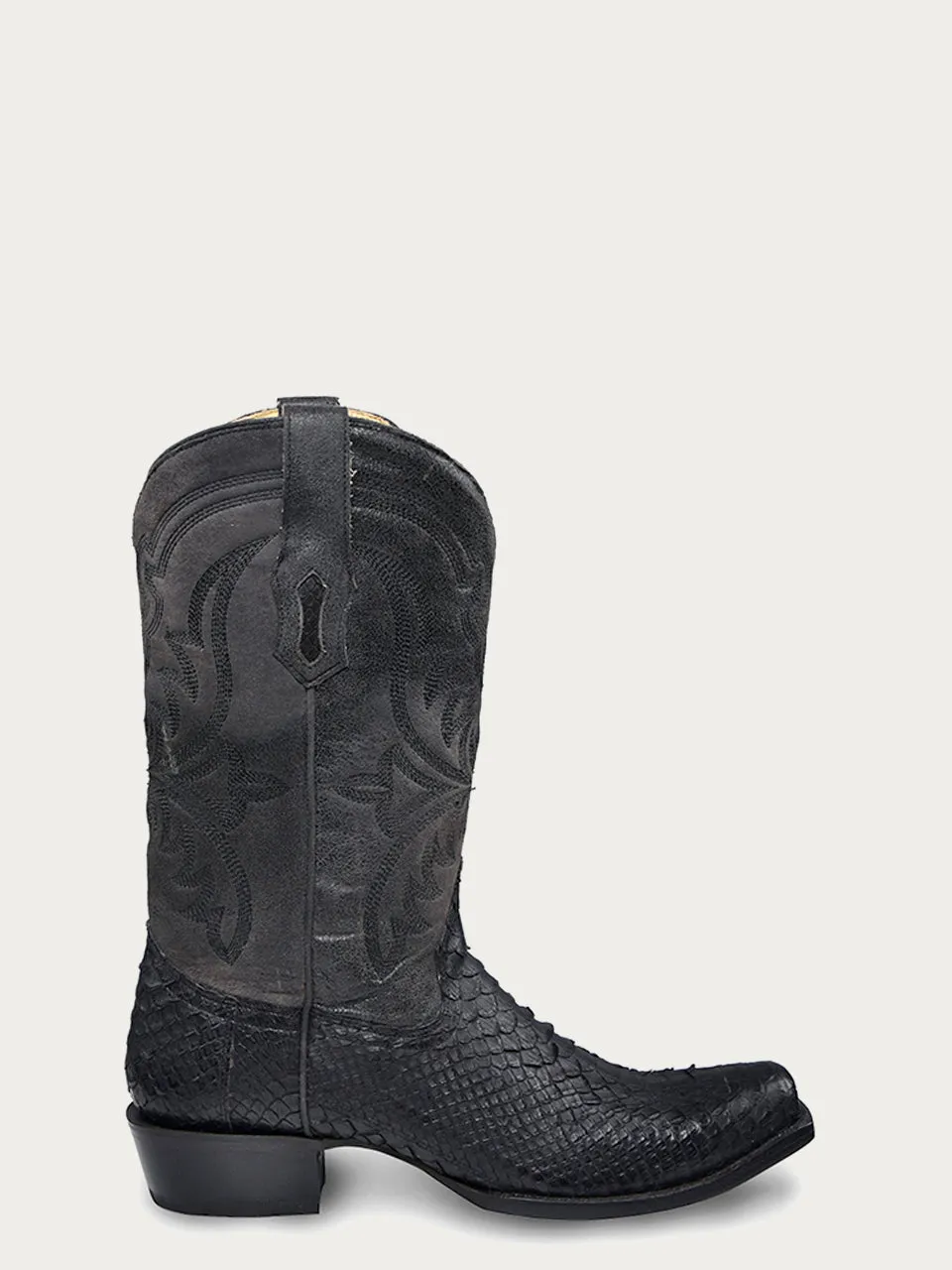 A4551 - MEN'S EMBROIDERY AND  GENUINE PYTHON BLACK NARROW SQUARE TOE COWBOY BOOT