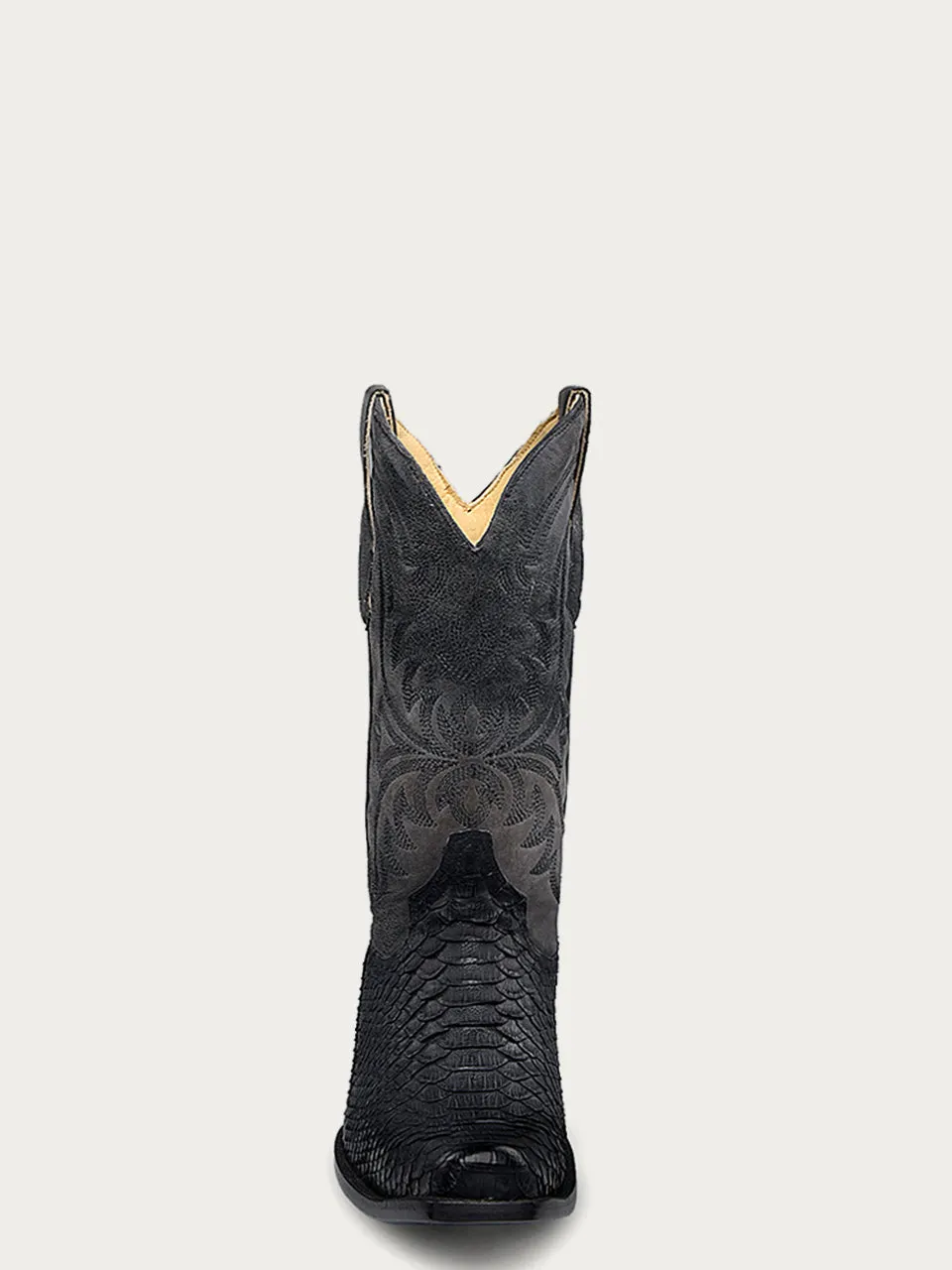A4551 - MEN'S EMBROIDERY AND  GENUINE PYTHON BLACK NARROW SQUARE TOE COWBOY BOOT