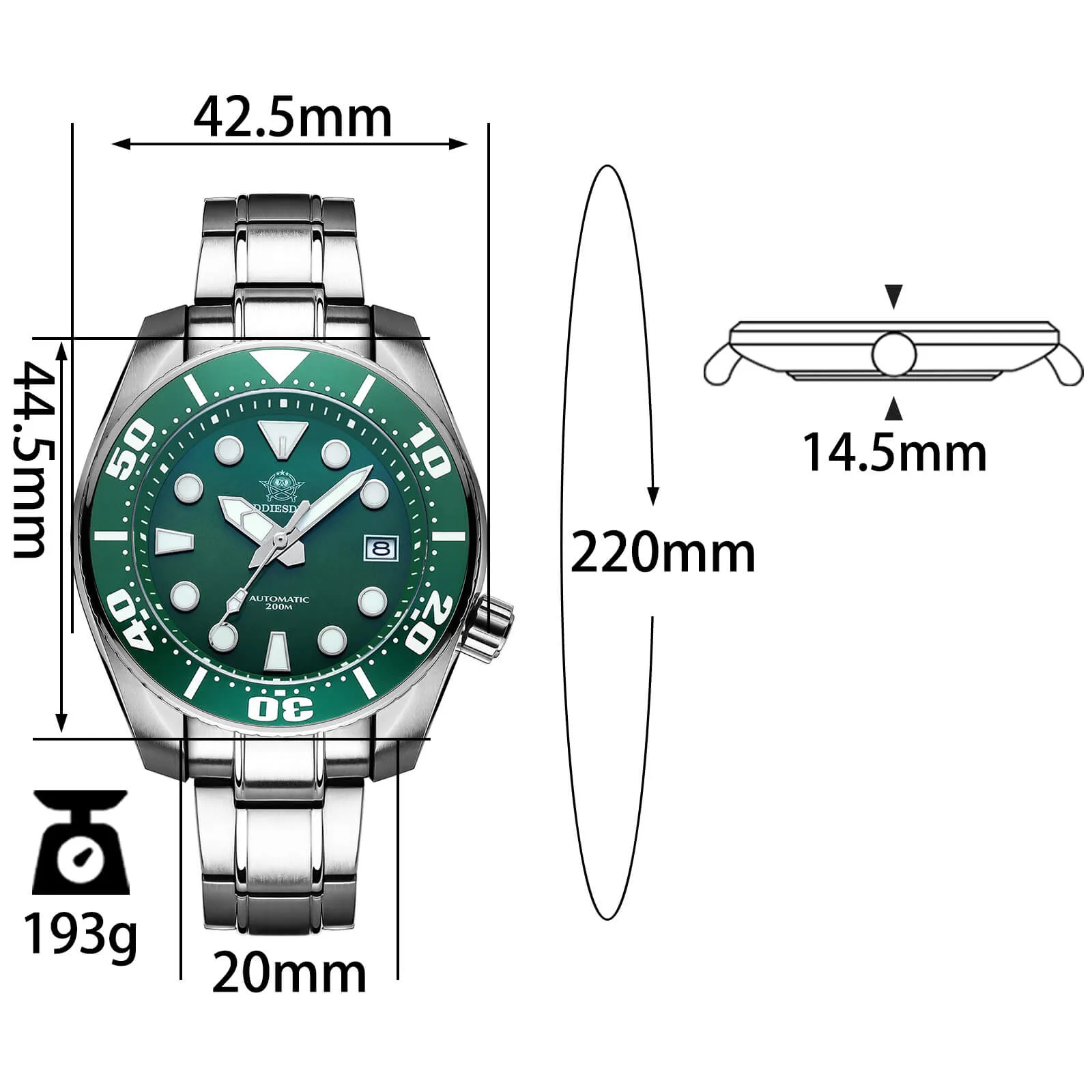 ADDIESDIVE® Sumo Green Professional Dive Watch for Men 44.5mm (MY-H10) Black/Green/Blue Dial