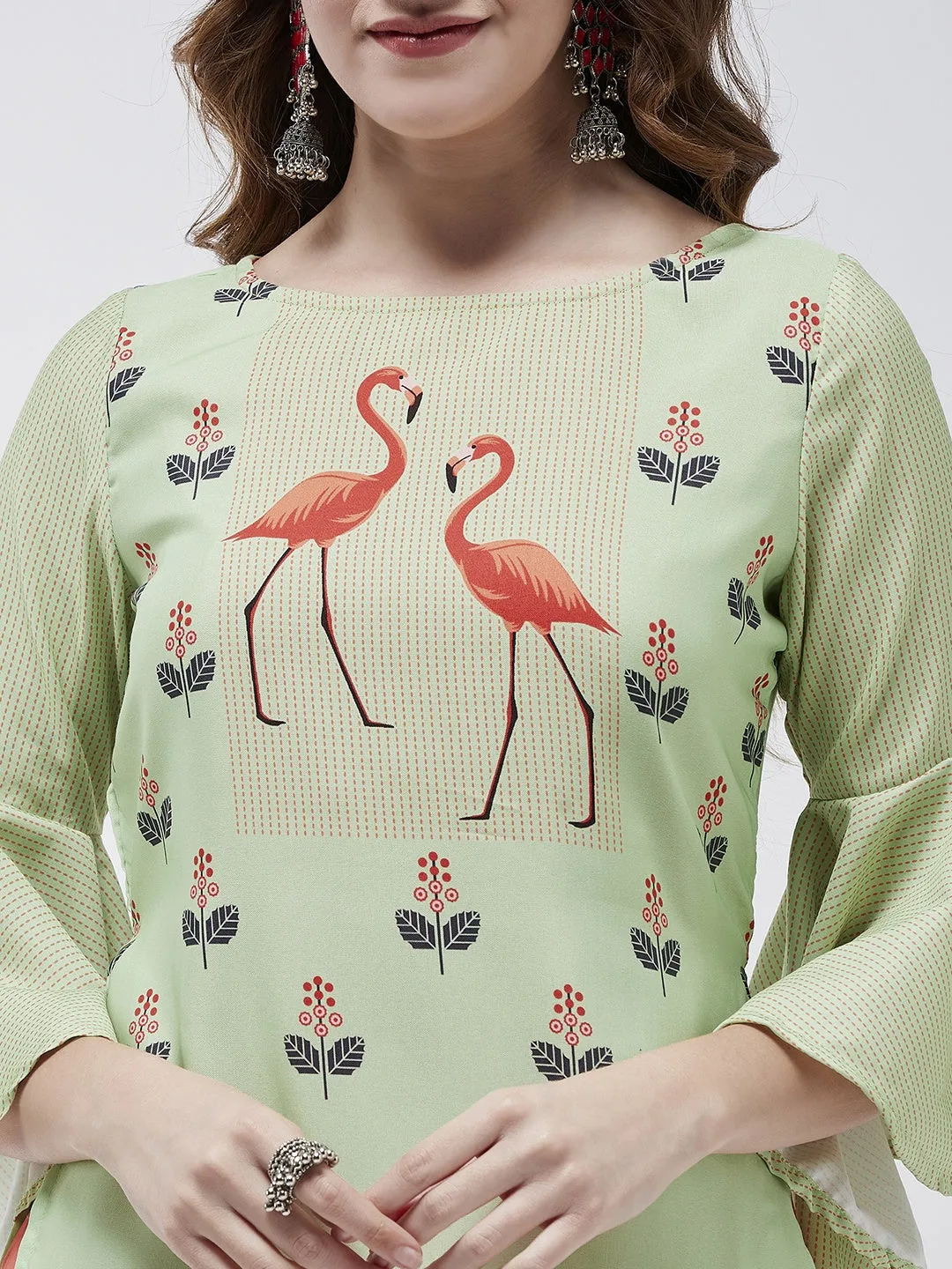 Bell Sleeves Layered Flamingo Printed Kurta