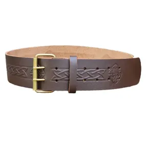 Double Prong Swirl Embossed Brown Leather Kilt Belt