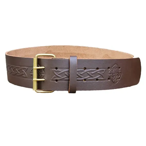 Double Prong Swirl Embossed Brown Leather Kilt Belt