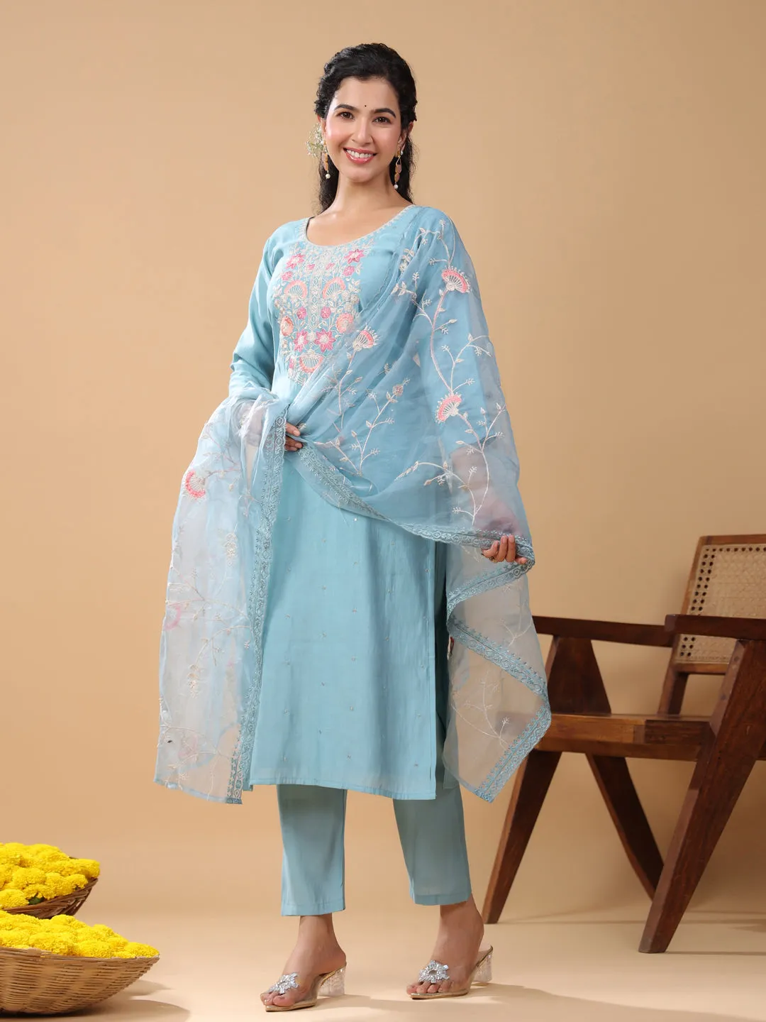 Light Blue Silk Blend Embroidered Kurta Pant Set