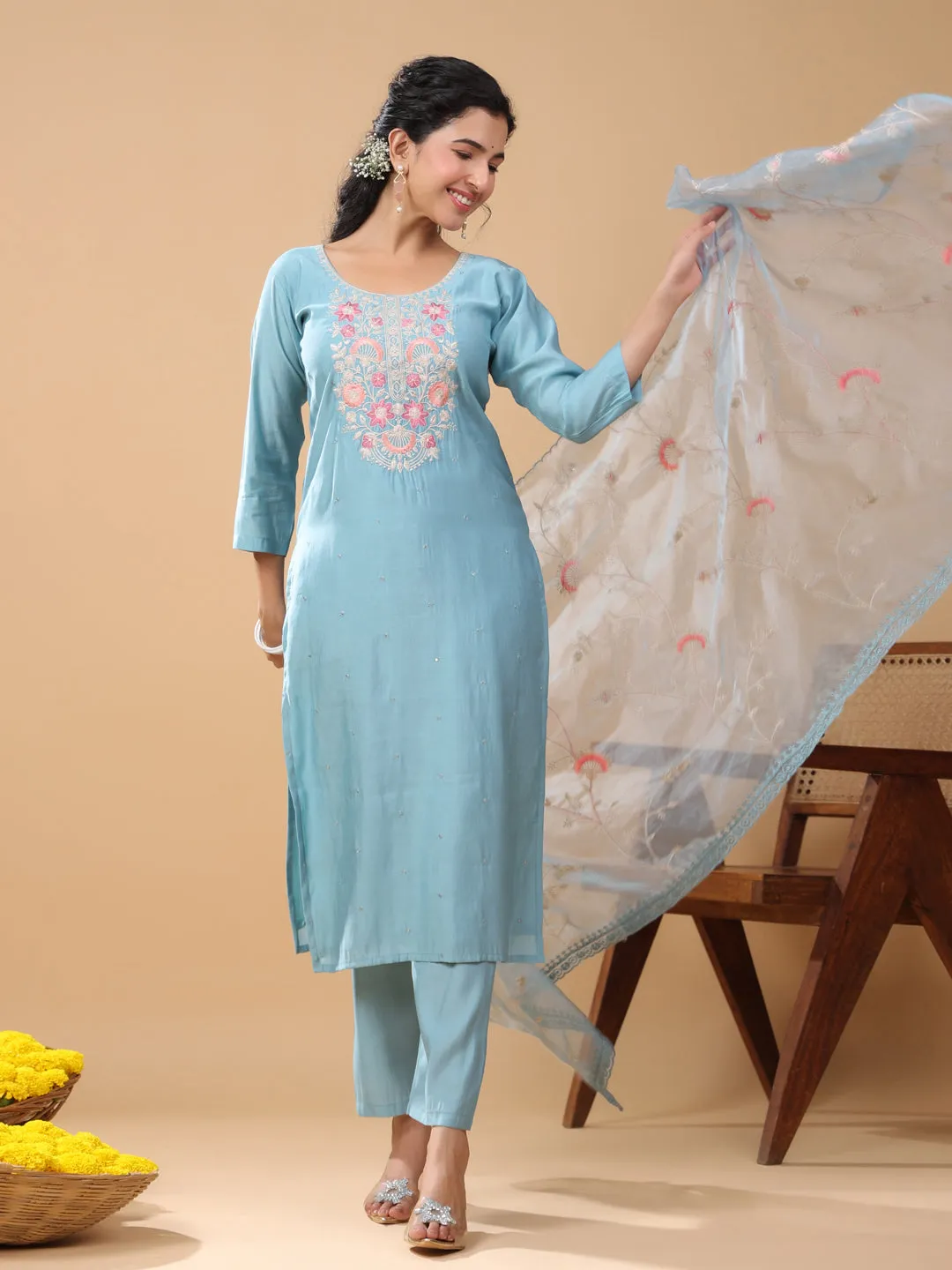 Light Blue Silk Blend Embroidered Kurta Pant Set