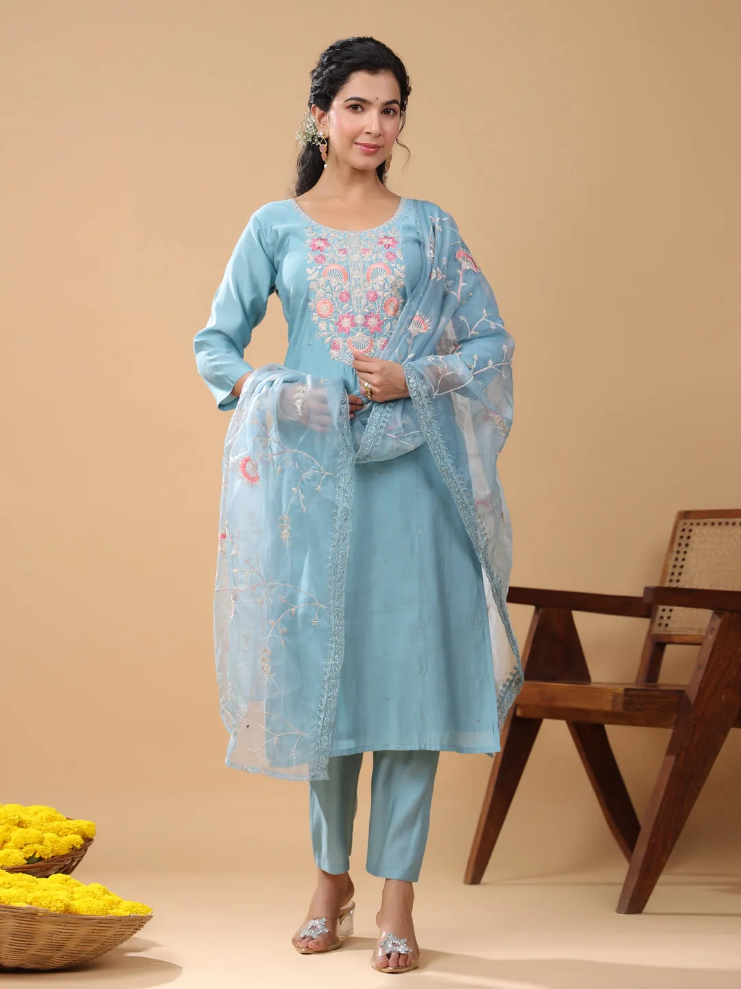 Light Blue Silk Blend Embroidered Kurta Pant Set