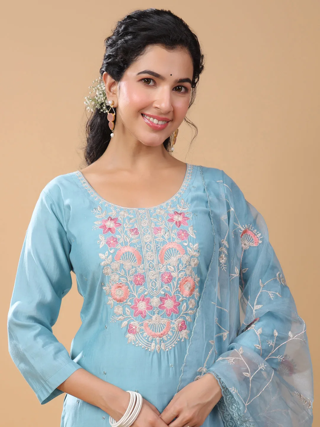 Light Blue Silk Blend Embroidered Kurta Pant Set