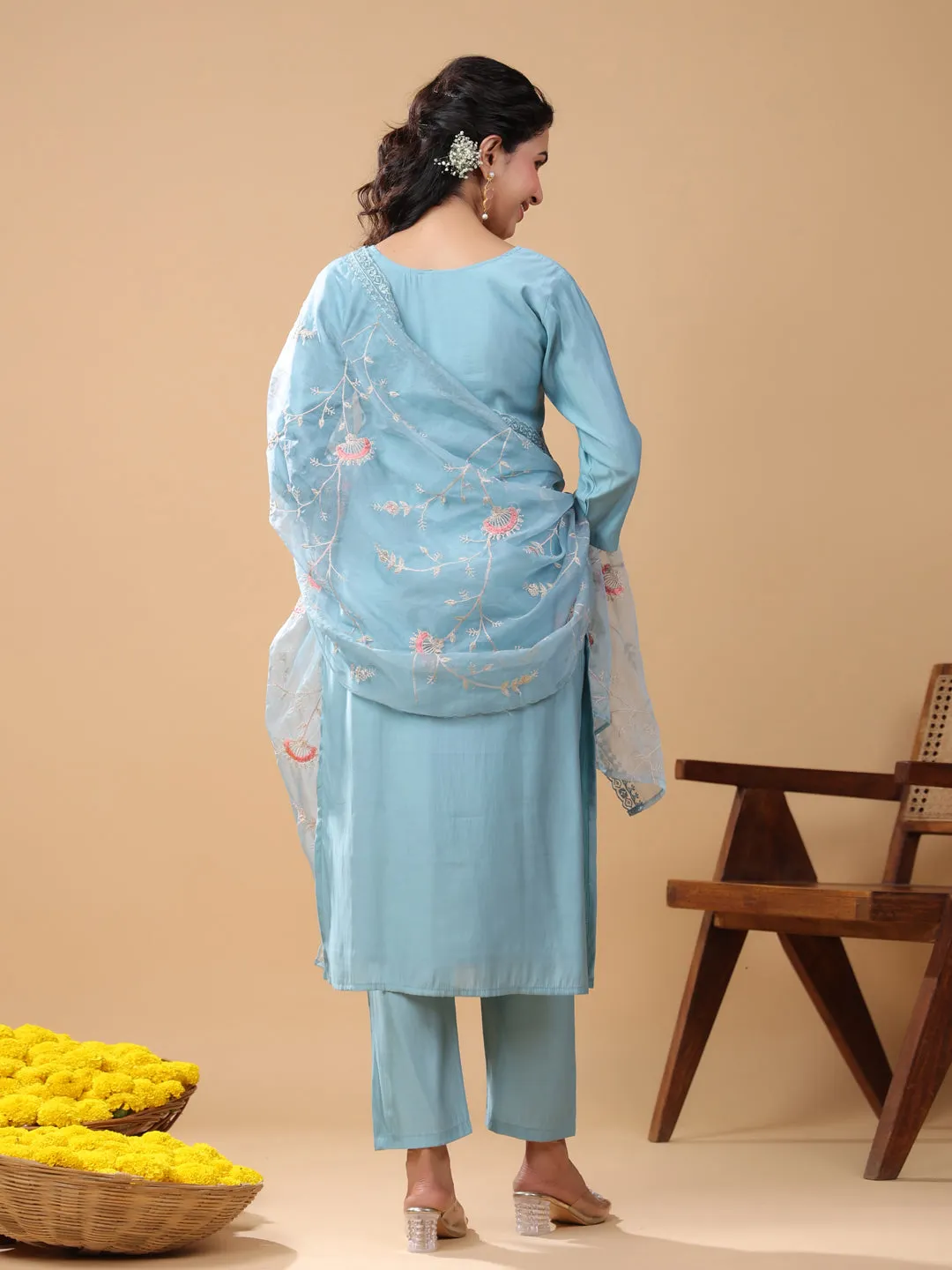 Light Blue Silk Blend Embroidered Kurta Pant Set
