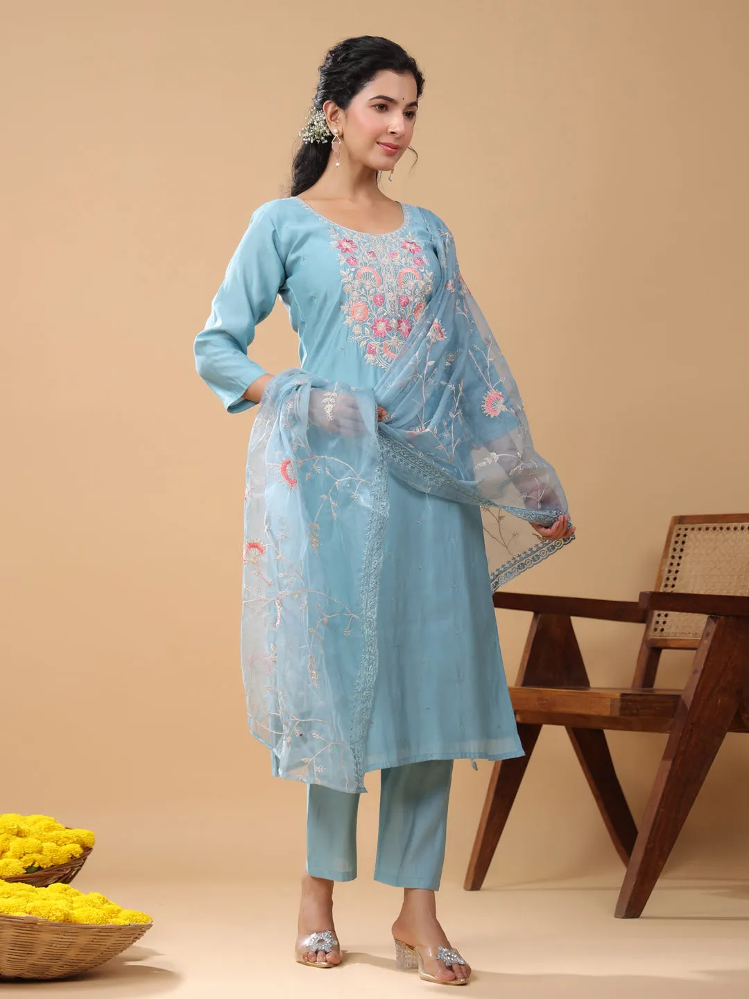 Light Blue Silk Blend Embroidered Kurta Pant Set