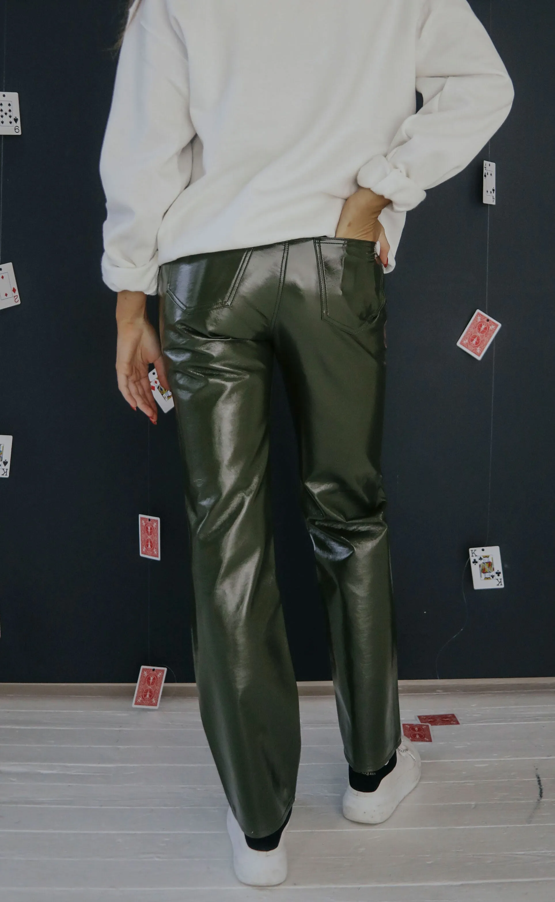High Rise Olive Vinyl Straight Leg Jeans - Cassie Model