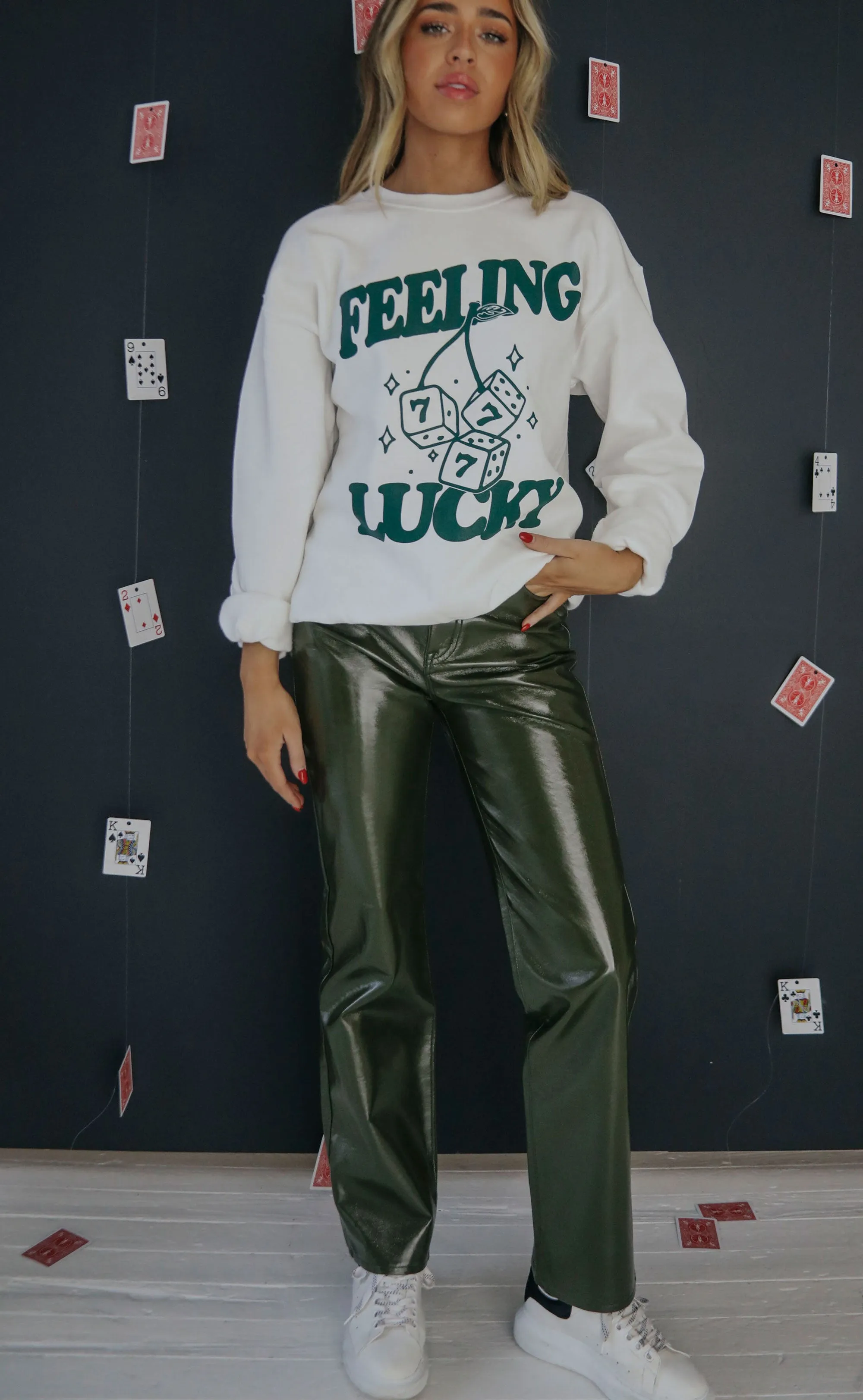 High Rise Olive Vinyl Straight Leg Jeans - Cassie Model