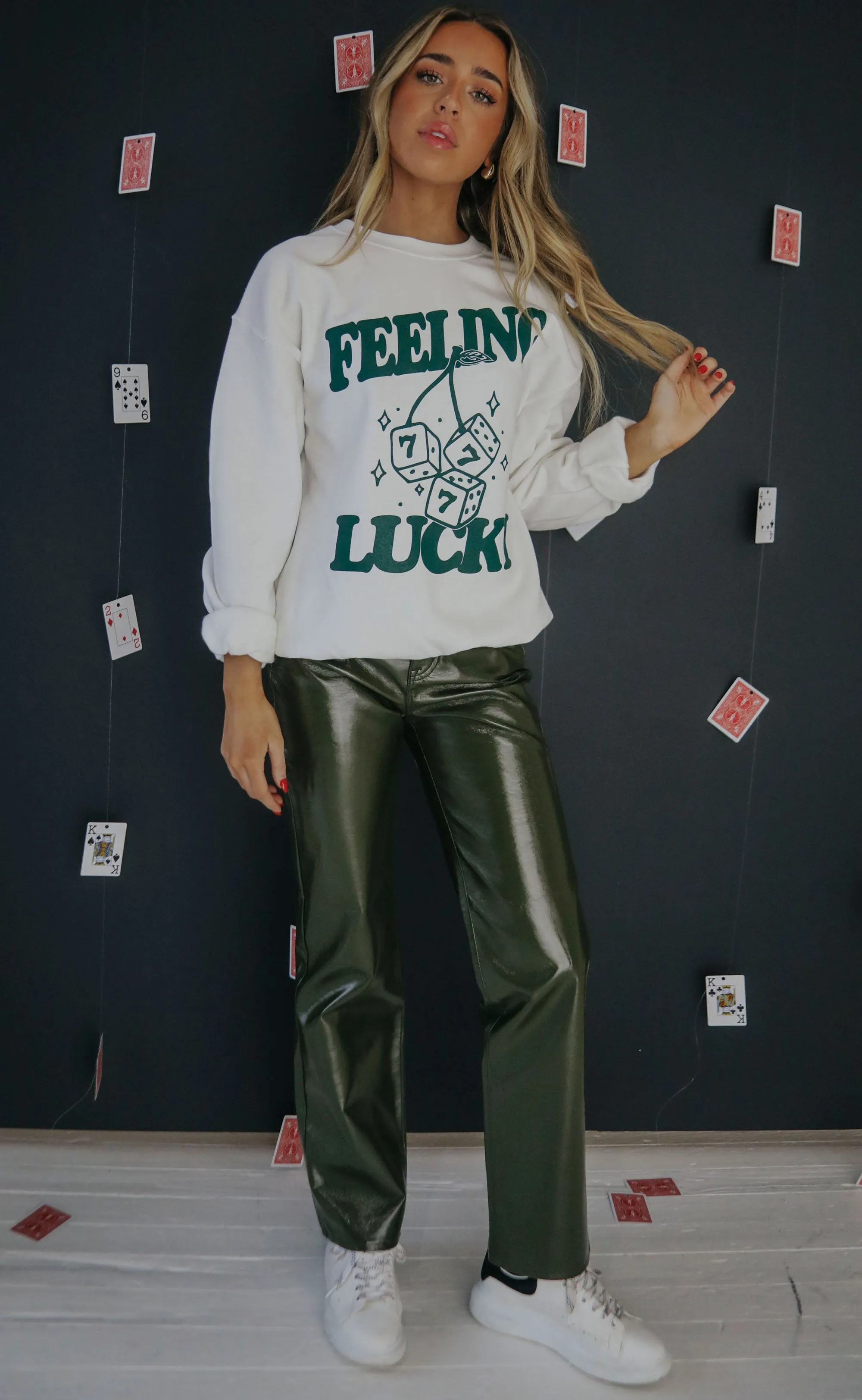 High Rise Olive Vinyl Straight Leg Jeans - Cassie Model