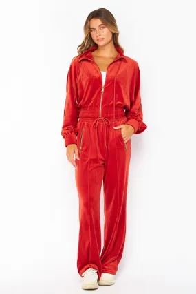 Scarlet Velour Funnel Neck Jacket Zip Up Pants Set