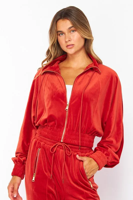 Scarlet Velour Funnel Neck Jacket Zip Up Pants Set