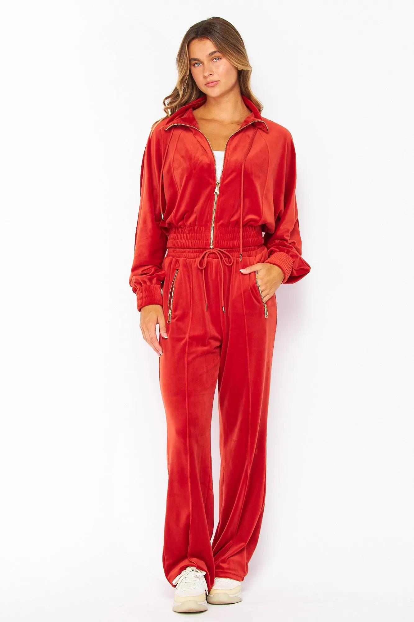 Scarlet Velour Funnel Neck Jacket Zip Up Pants Set
